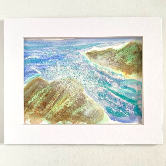 Beach Splash Original Seascape Watercolor Painting Matted Frame Ready 8x10in Mat - Picture 3 of 5